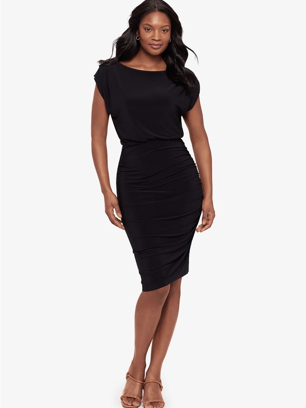 Body by Miraclesuit XL Bali Shaping Dress Black Ruched Midi Built-In Shapewear